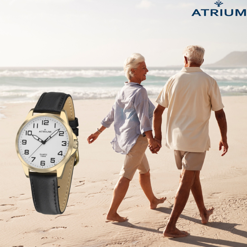 ATRIUM Watch - Men - Gold Coloured - Black Leather Band - 5 Bar - White Dial - 38 mm - Clear - Quartz