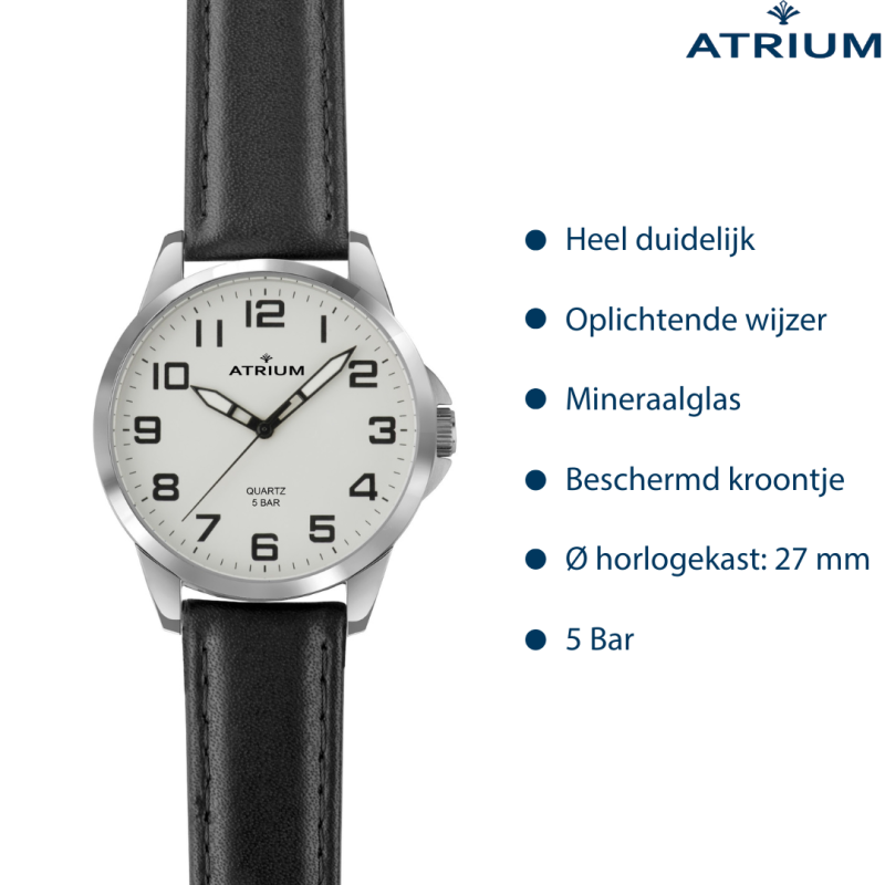 ATRIUM Armbanduhr - Damen - Silberfarben - Schwarzes Lederband - 5 Bar - Ø27 mm - Klar - Platiniert - Quartz - A49-10 