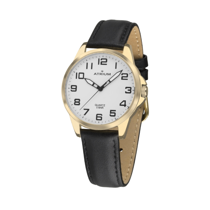 ATRIUM Horloge - Dames - Verguld - Zwart Lederen Band - 5 Bar - Ø27 mm - Duidelijk - Quartz - A49-20
