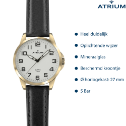 ATRIUM Watch - Women - Gold Plated - Black Leather Band - 5 Bar - Ø27 mm - Clear - Quartz - A49-20 