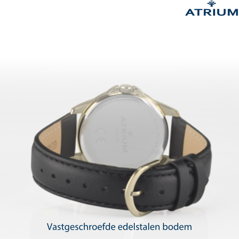 ATRIUM Horloge - Dames - Verguld - Zwart Lederen Band - 5 Bar - Ø27 mm - Duidelijk - Quartz - A49-20