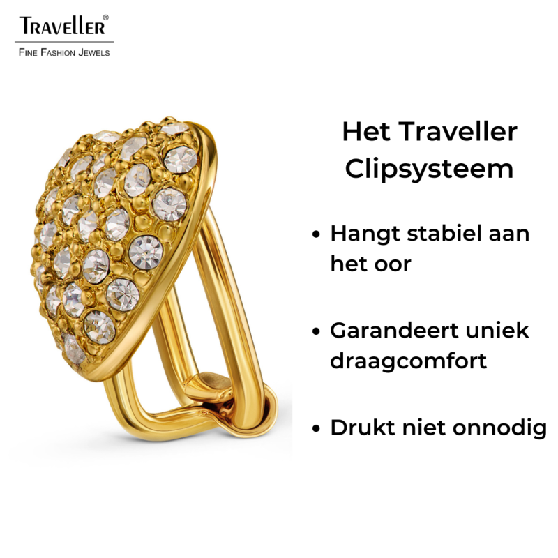 Traveller Clip Oorbellen - 22kt Verguld - Kristallen - Hart / Hartje - 11 x 10 mm