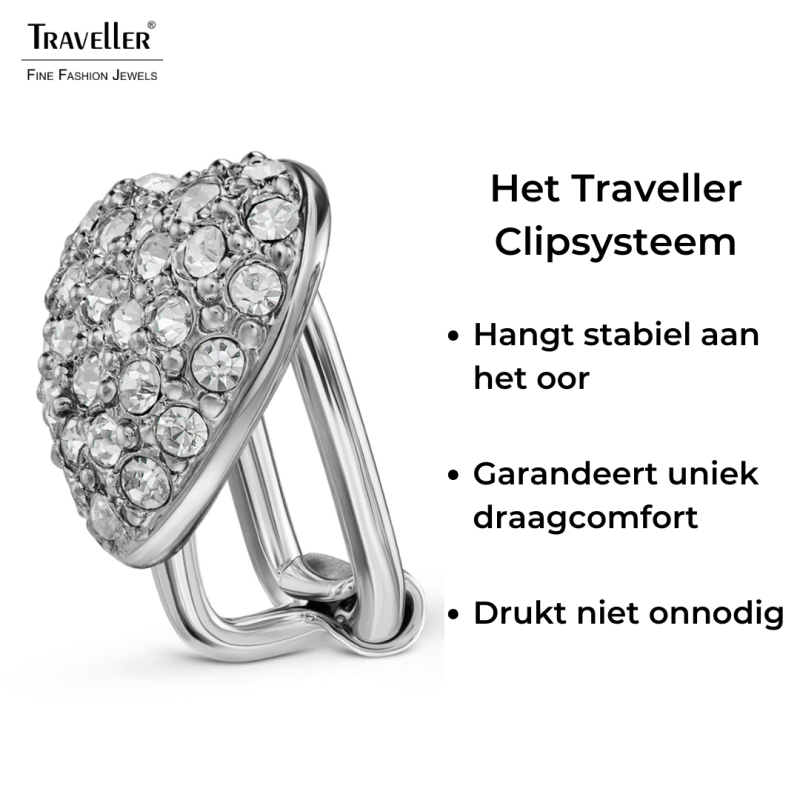 Traveller Clip Oorbellen - Zilverkleurig - Kristallen - Hart / Hartje - Geplatineerd - 11 x 10 mm - 157797
