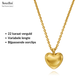 Traveller Dames Ketting met Hanger - 22kt Verguld - Hart / Hartje - Ø 10mm - Lengte verstelbaar 38+3+3 cm