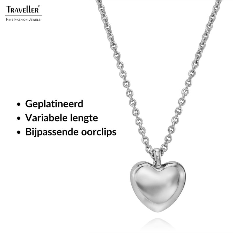 Traveller Ketting met Hanger - Zilverkleurig - Hart / Hartje - Ø10mm - Geplatineerd - Lengte verstelbaar 38+3+3cm -157812