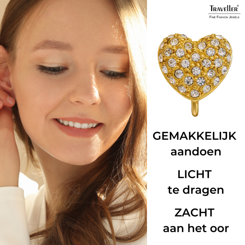 Traveller Clip Oorbellen - 22kt Verguld - Kristallen - Hart / Hartje - 11 x 10 mm
