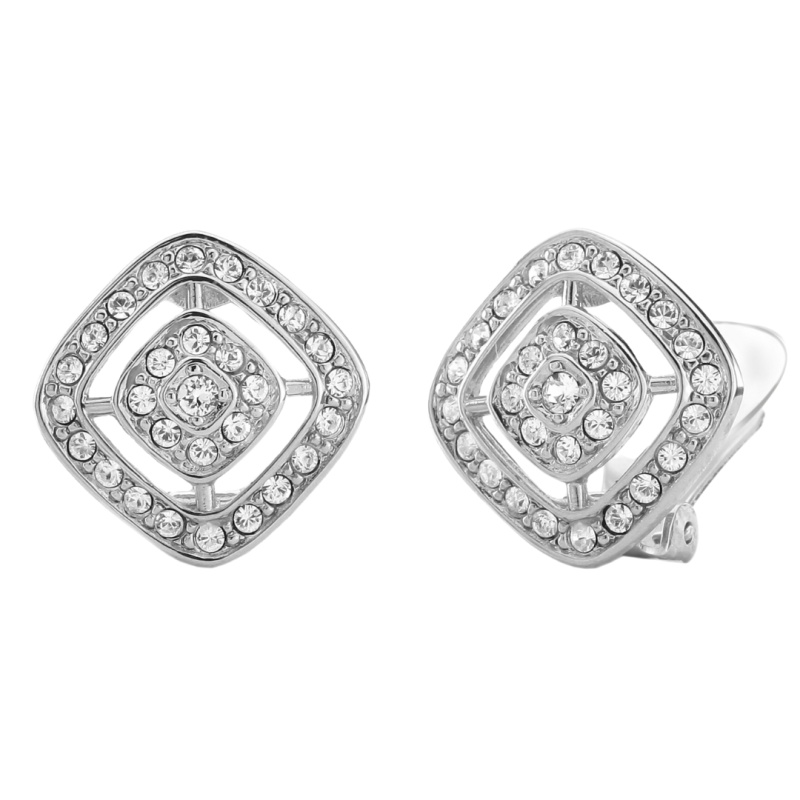 Traveller Clip-on Earrings - Silver Coloured - Crystals - Square - Ø 17mm - Platinum Plated - 157015