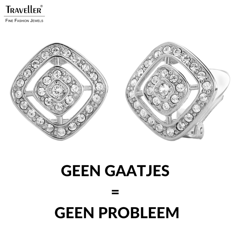 Traveller Clip Oorbellen - Zilverkleurig - Kristallen - Vierkant - Ø 17mm - Geplatineerd - 157015