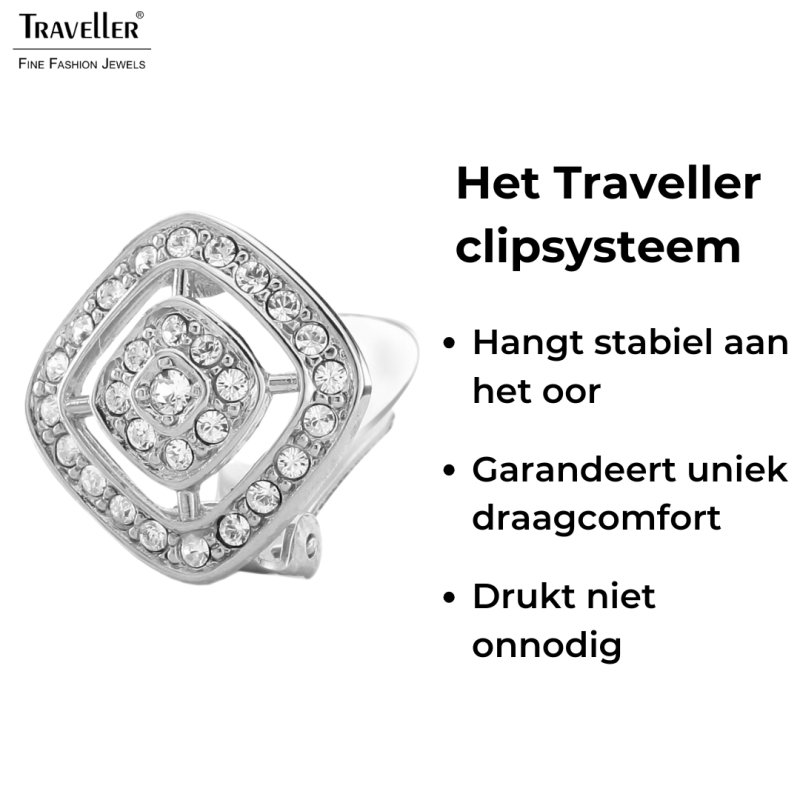 Traveller Clip Oorbellen - Zilverkleurig - Kristallen - Vierkant - Ø 17mm - Geplatineerd - 157015