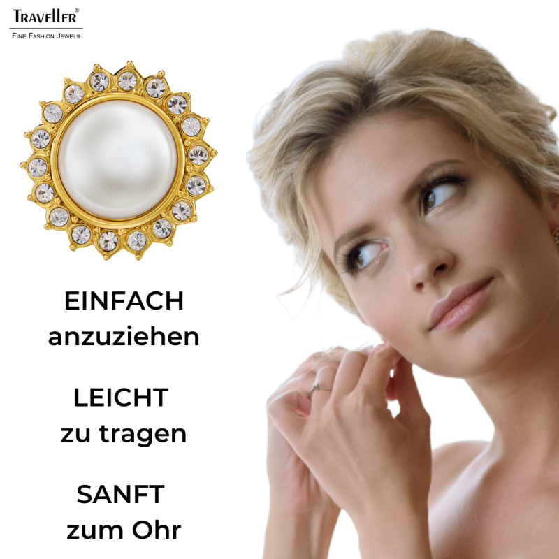 Traveller Ohrclips - 22kt Vergoldet - Perle -  Ø 12mm - Weiß - Kristalle - Sonne - Ø 20mm - 114335