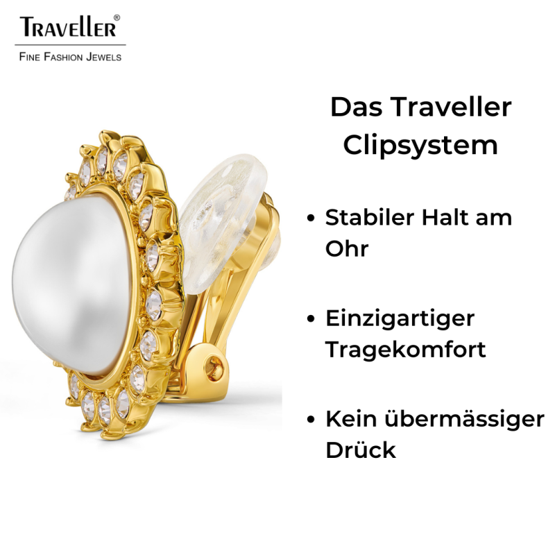 Traveller Ohrclips - 22kt Vergoldet - Perle - Ø 12mm - Weiß - Kristalle - Sonne - Ø 20mm