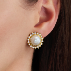 Traveller Ohrclips - 22kt Vergoldet - Perle - Ø 12mm - Weiß - Kristalle - Sonne - Ø 20mm