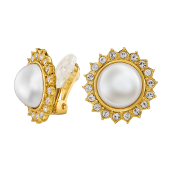 Traveller Clip-on Earrings - 22ct Gold Plated - Pearl  Ø 12mm - White - Crystals - Sun - Ø 20mm - 114335