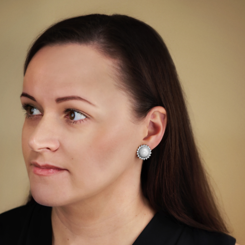 Traveller Clip-on Earrings - Silver Coloured - Pearl Ø 12mm - White - Crystals - Sun - Platinum Plated - Ø 20mm