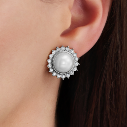 Traveller Oorbellen zonder Gaatjes - Zilverkleurig - Parel - Ø 12mm - Wit - Kristallen - Zon - Geplatineerd - Ø 20mm