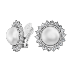 Traveller Clip Oorbellen - Zilverkleurig - Parel - Ø 12mm - Wit - Kristallen - Zon - Geplatineerd - Ø 20mm - 114336