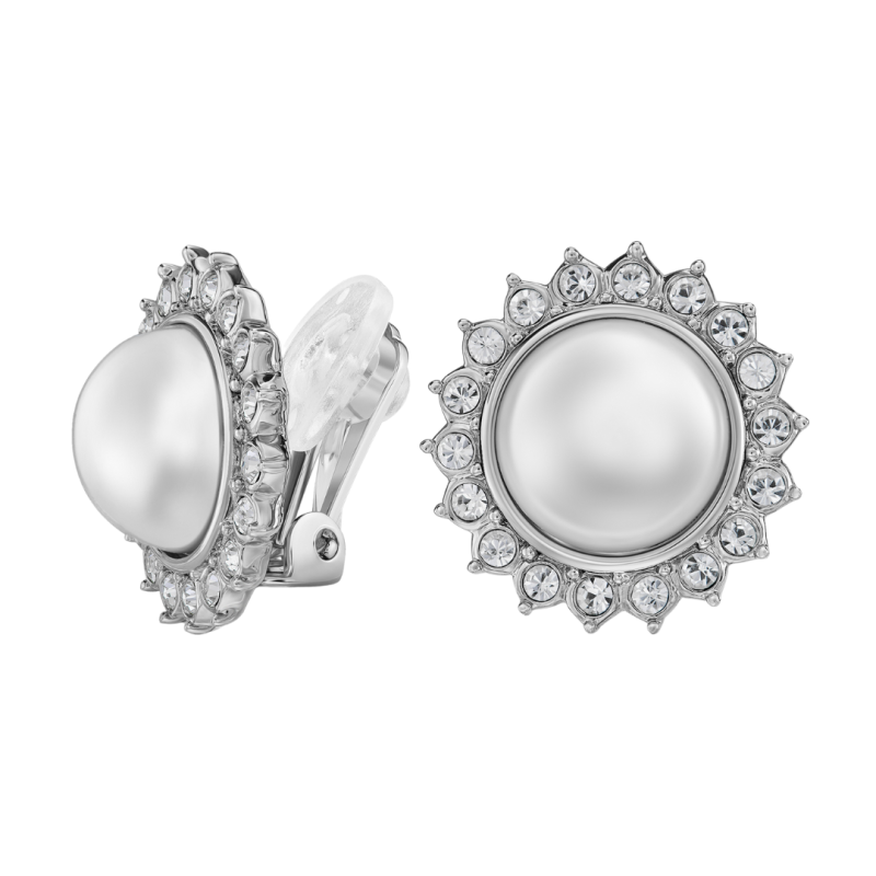 Traveller Clip-on Earrings - Silver Coloured - Pearl  Ø 12mm - White - Crystals - Sun - Platinum Plated - Ø 20mm - 114336