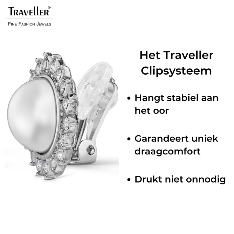 Traveller Clip Oorbellen - Zilverkleurig - Parel - Ø 12mm - Wit - Kristallen - Zon - Geplatineerd - Ø 20mm - 114336