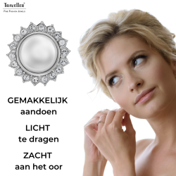 Traveller Clip Oorbellen - Zilverkleurig - Parel - Ø 12mm - Wit - Kristallen - Zon - Geplatineerd - Ø 20mm - 114336