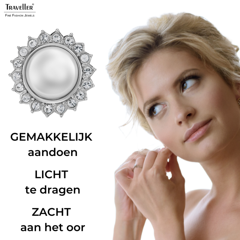 Traveller Oorbellen zonder Gaatjes - Zilverkleurig - Parel - Ø 12mm - Wit - Kristallen - Zon - Geplatineerd - Ø 20mm