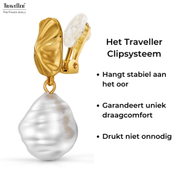 Traveller Clip Oorbellen - Hangers - 22kt Verguld - Parel - 14x12 mm - Wit - 30x12 mm - 114337