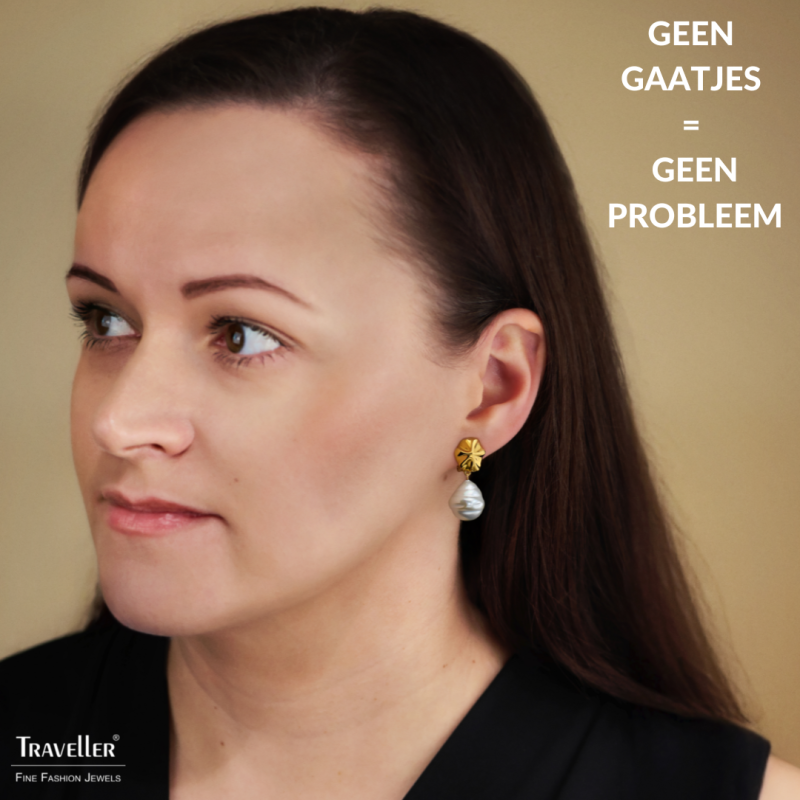 Traveller Clip Oorbellen - Hangers - 22kt Verguld - Parel - 14x12 mm - Wit - 30x12 mm - 114337