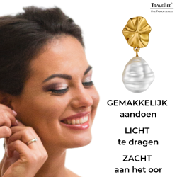 Traveller Clip Oorbellen - Hangers - 22kt Verguld - Parel - 14x12 mm - Wit - 30x12 mm - 114337