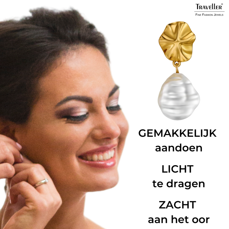 Traveller Clip Oorbellen - Hangers - 22kt Verguld - Parel - 14x12 mm - Wit - 30x12 mm - 114337