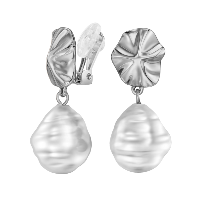 Traveller Clip Oorbellen - Hangers - Zilverkleurig - Parel - 14x12 mm - Wit - Geplatineerd - 30x12 mm - 114338