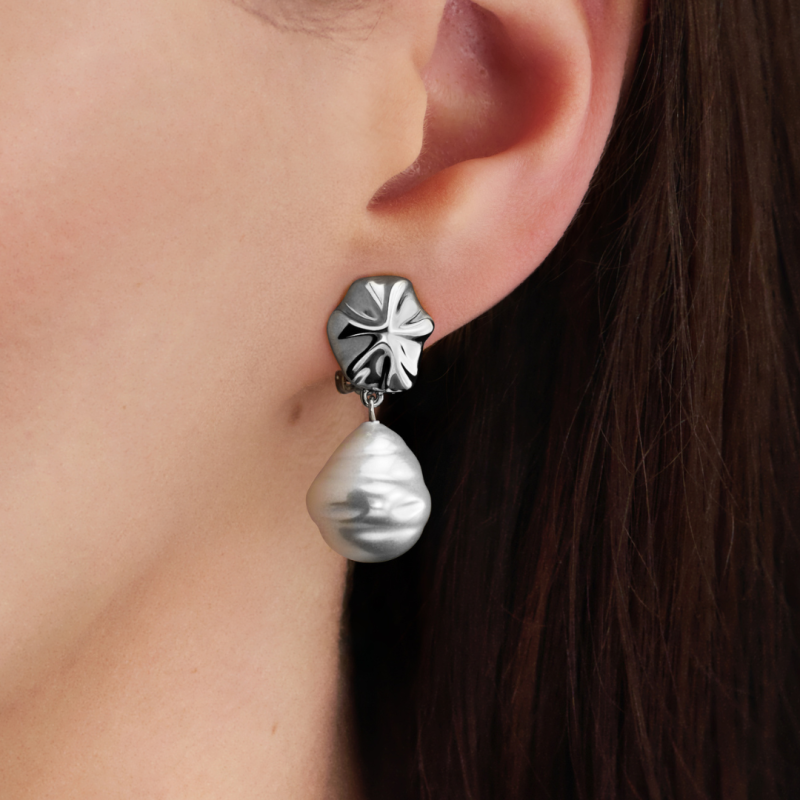 Traveller Ohrclips - Hänger - Silberfarben - Perle - 14x12 mm - Weiß -  Platiniert - 30x12 mm - 114338