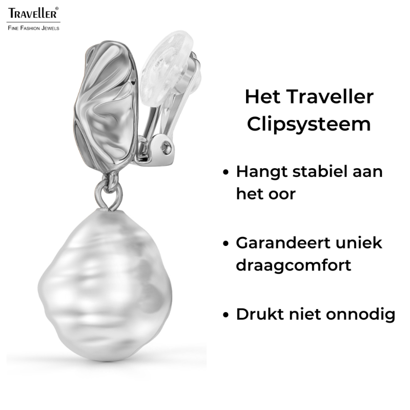 Traveller Clip Oorbellen - Hangers - Zilverkleurig - Parel - 14x12 mm - Wit - Geplatineerd - 30x12 mm - 114338