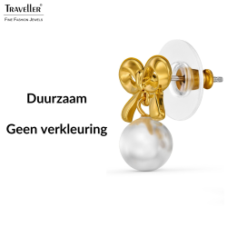 Traveller Oorstekers - 22kt Verguld - Parel - Ø 8mm - Wit - Strikje - 17x14 mm