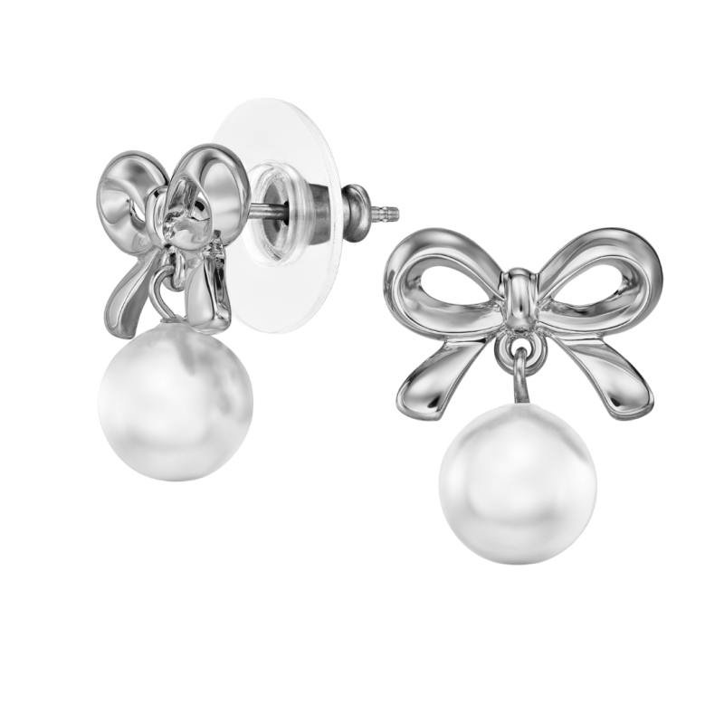Traveller Earrings - Silver Coloured - Pearl - Ø 8mm - White - Bow - Platinum Plated - 17x14 mm - 114340