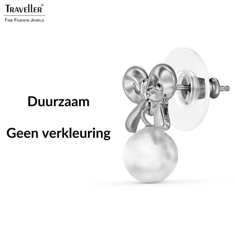 Traveller Oorstekers - Zilverkleurig - Parel - Ø 8mm - Wit - Strikje - Geplatineerd - 17x14 mm - 114340