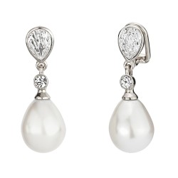 Traveller Ohrclips - Hänger - Tropfen Perle - 15x12 mm - Weiß - Preciosa Kristalle - Platiniert - 32x12 mm