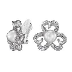 Traveller Clip-on Earrings - Silver Coloured - Pearl - 8 mm - White - Crystals - Platinum Plated - 20x20 mm