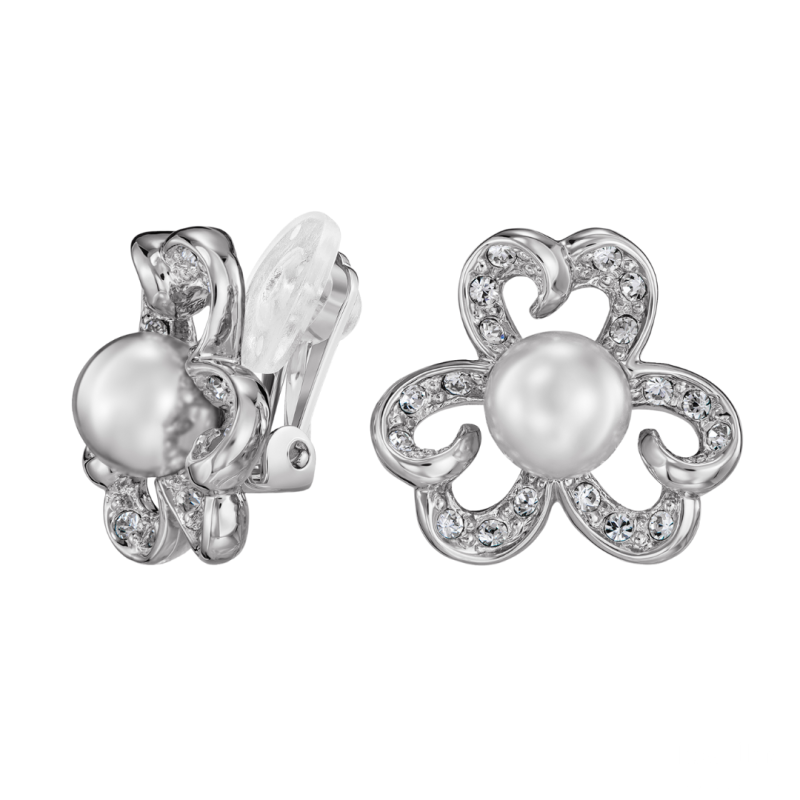 Traveller Clip Oorbellen - Zilverkleurig - Parel - 8 mm - Wit - Kristal - Geplatineerd - 20x20 mm - 114296
