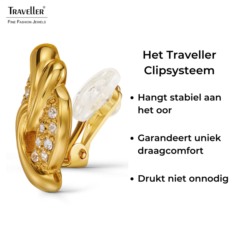 Traveller Clip Oorbellen - 22kt Verguld - Kristallen - 20x13 mm
