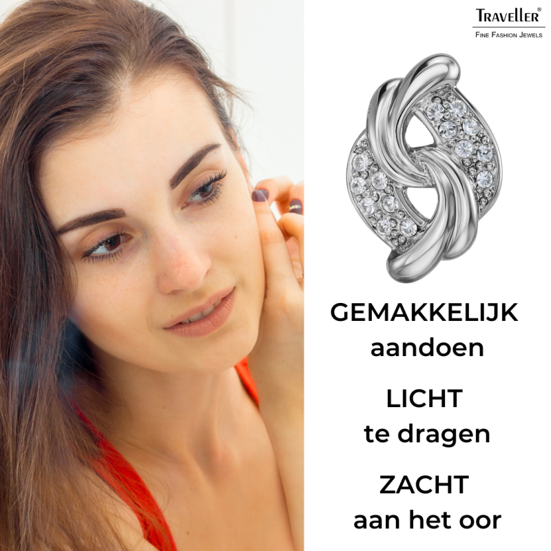 Traveller Clip Oorbellen - Zilverkleurig - Kristallen - Geplatineerd - 20x13 mm - 157783
