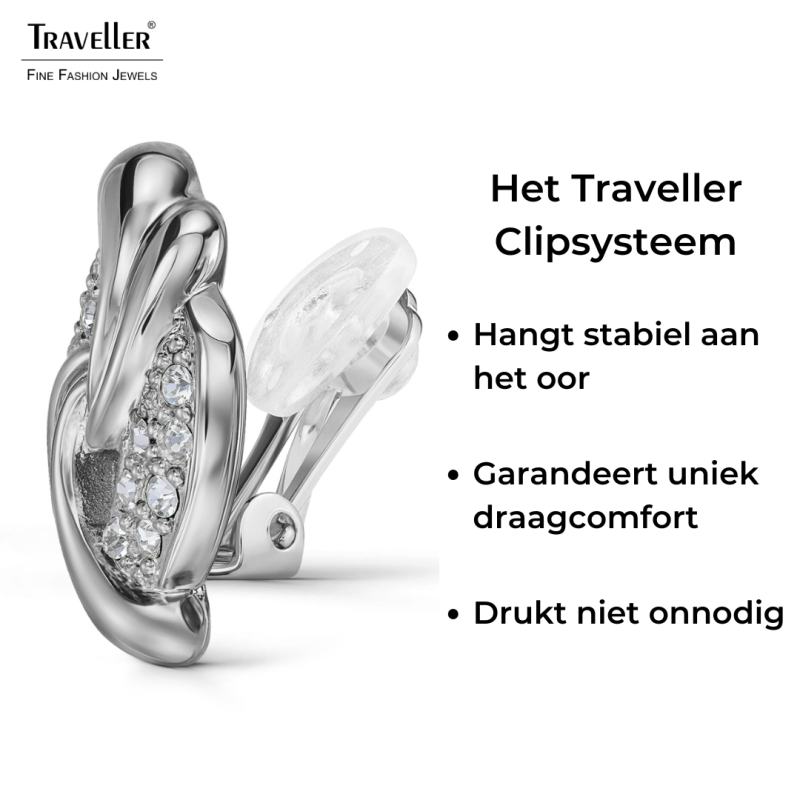 Traveller Clip Oorbellen - Zilverkleurig - Kristallen - Geplatineerd - 20x13 mm - 157783