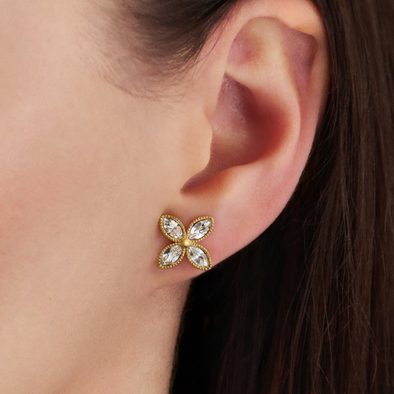 Traveller Earrings - 22ct Gold Plated - Crystals - Flower - Ø 13 mm  - 157790