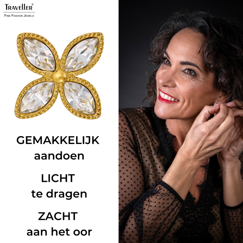 Traveller Oorstekers - 22kt Verguld - Kristal - Bloem - Ø 13 mm  - 157790