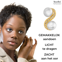 Traveller Clip Oorbellen - 22kt Verguld - Parels - Ø 10mm - Wit - Kristallen - 17x13 mm