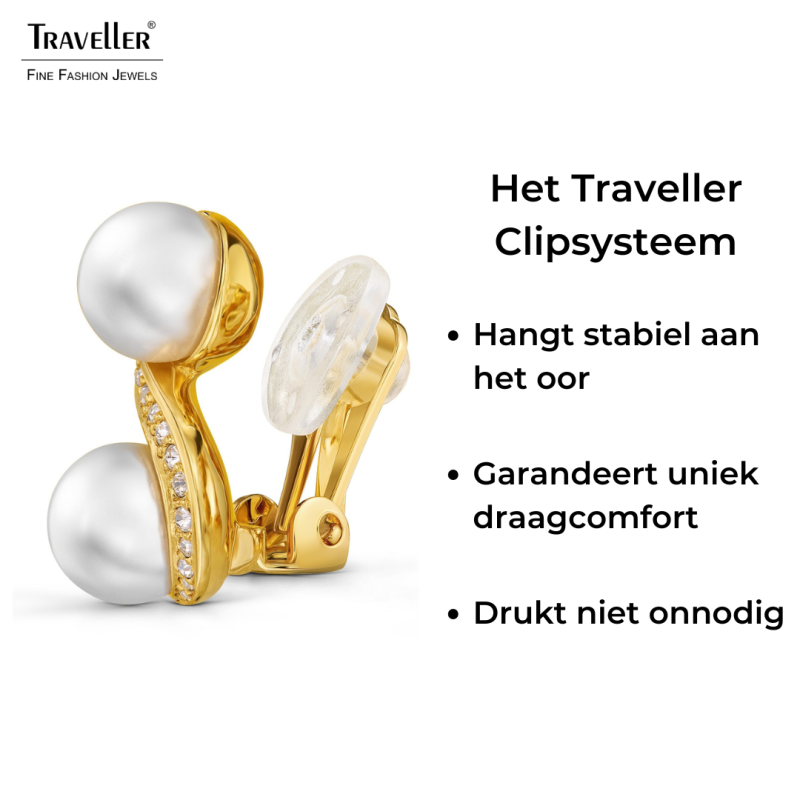 Traveller Clip Oorbellen - 22kt Verguld - Parels - Ø 10mm - Wit - Kristallen - 17x13 mm - 114350