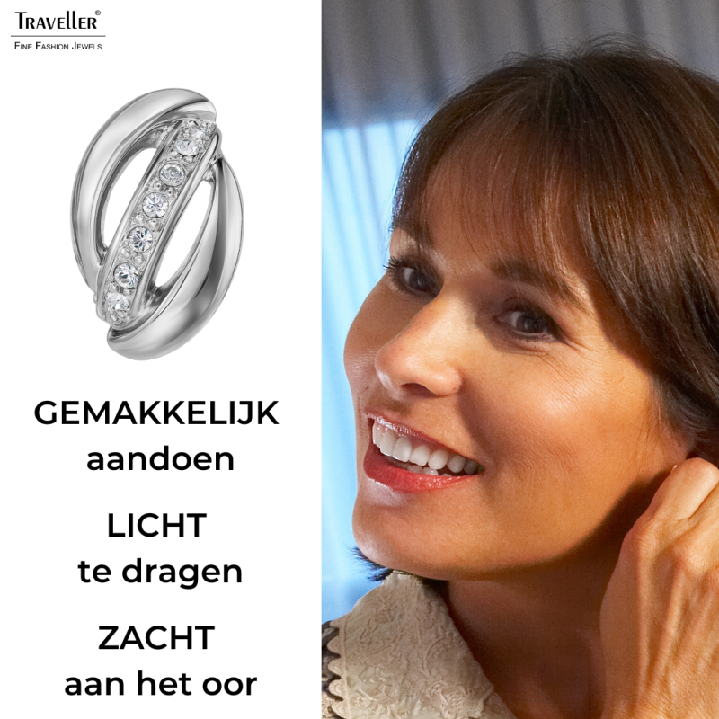 Traveller Clip Oorbellen - Zilverkleurig - Kristal - Geplatineerd - 18x10 mm - 157775