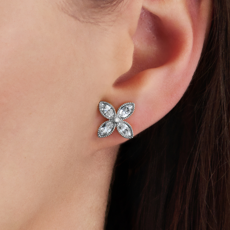Traveller Earrings - Silver Coloured - Crystals - Flower - Platinum Plated - Ø 13 mm