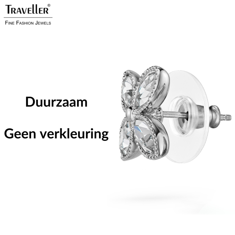 Traveller Oorstekers - Zilverkleurig - Kristal - Bloem - Geplatineerd - Ø 13 mm  - 157791