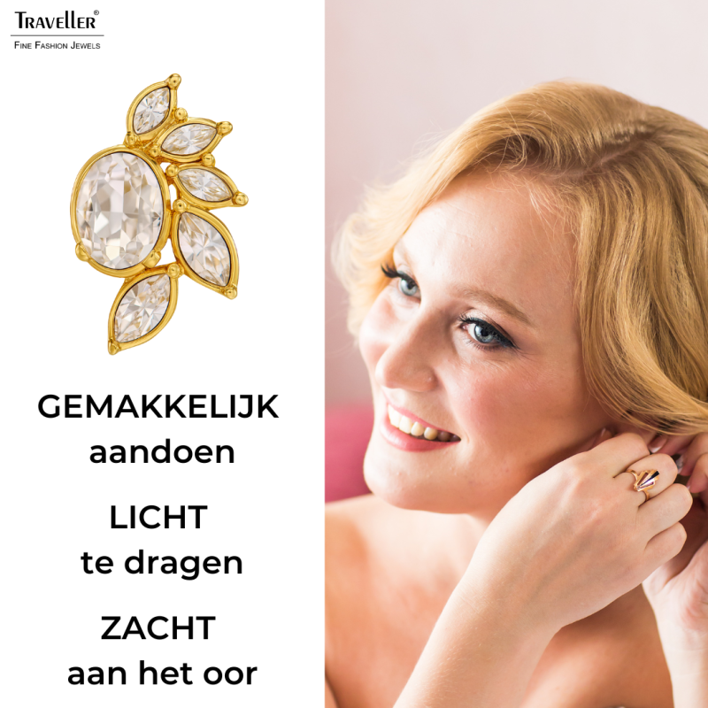 Traveller Clip Oorbellen - 22kt Verguld - Kristallen - Bloem - 20x12 mm