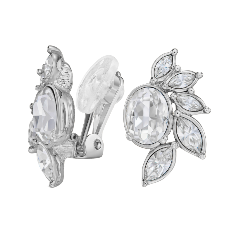 Traveller Clip Oorbellen - Zilverkleurig - Kristallen - Geplatineerd - Bloem - 20x12 mm - 157777