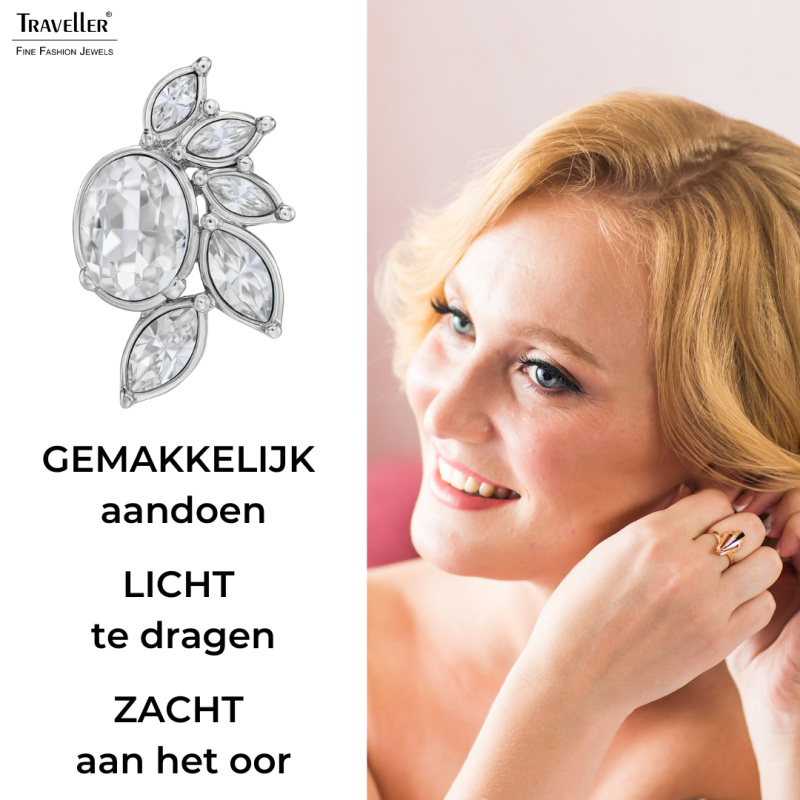 Traveller Clip Oorbellen - Zilverkleurig - Kristallen - Geplatineerd - Bloem - 20x12 mm - 157777